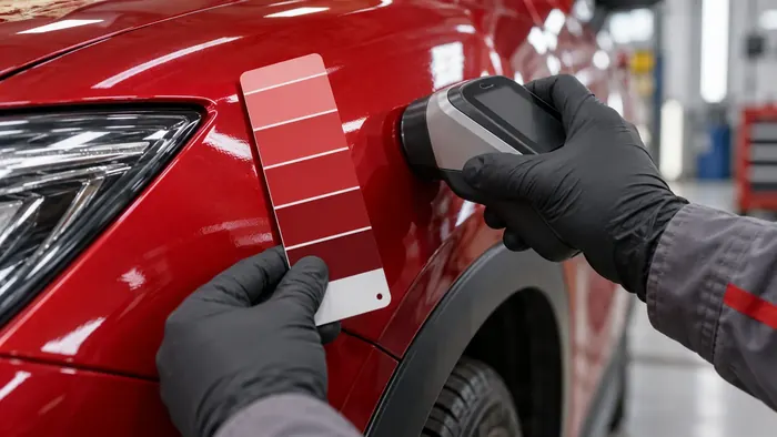 Gloved hands holding a strip of red paint swatches and a color meter against a red fender