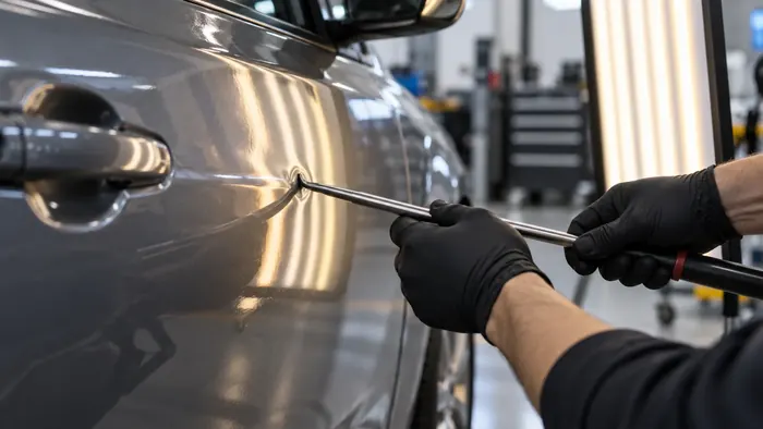 Gloved hands working a dent out of a silver car door with a long steel rod under a striped light