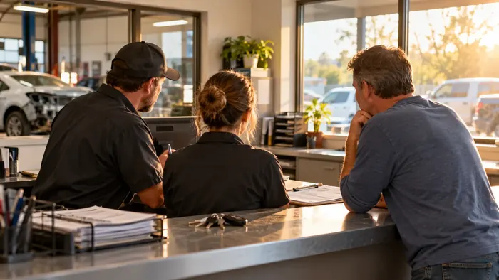 A customer at a body shop counter going over his estimate with two staff