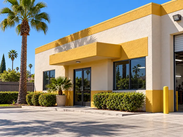 The front office door of a yellow and cream stucco body shop on a sunny morning