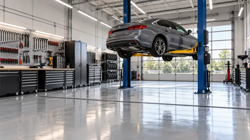 A bright, clean repair bay with a gray sedan raised on a blue two-post lift and tool chests along the wall