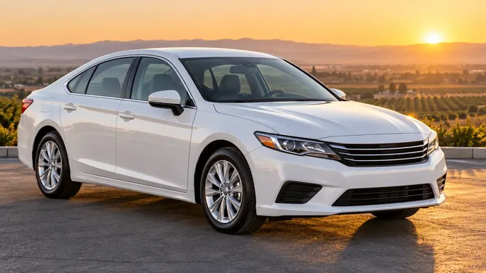 A clean white sedan parked at sunset with Valley orchards and foothills behind it