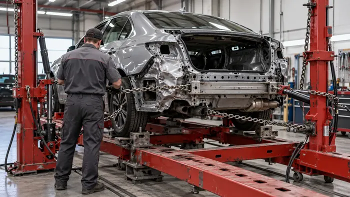 A technician chaining a damaged gray sedan to a red frame-straightening rack