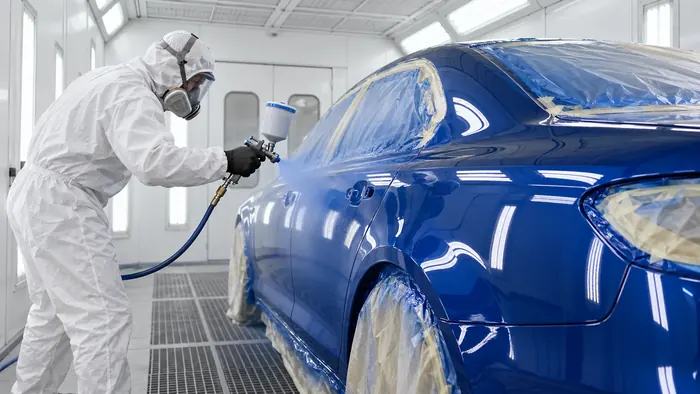 A painter in a white suit and respirator spraying a masked blue sedan inside a bright paint booth